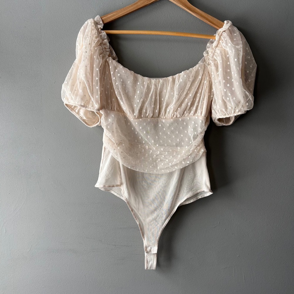 Blashe Mesh‎ Dot Puff Sleeve Square Neck Bodysuit Cream L